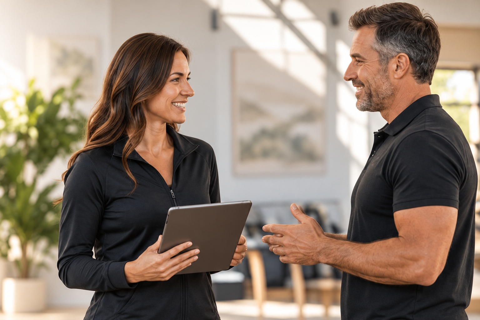 Two professionals discussing a wellness business opportunity